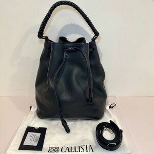 NWT Callista Bucket Bag 23 In Black Grained Leather W Crossbody Strap